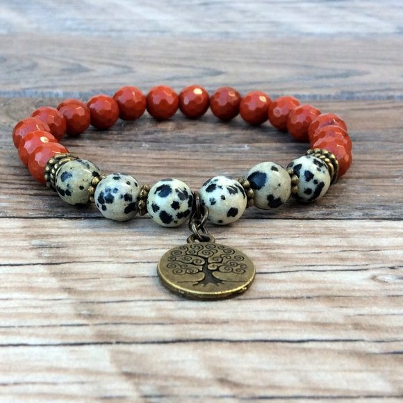 Red Jasper bracelet with Dalmatian Jasper - crystal healing, tree of life charm - Picture 2 of 9